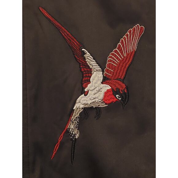 Groovy Monkey Black/Gray Satin Bomber Jacket w/Embroidered Hummingbirds, Medium - Picture 3 of 8
